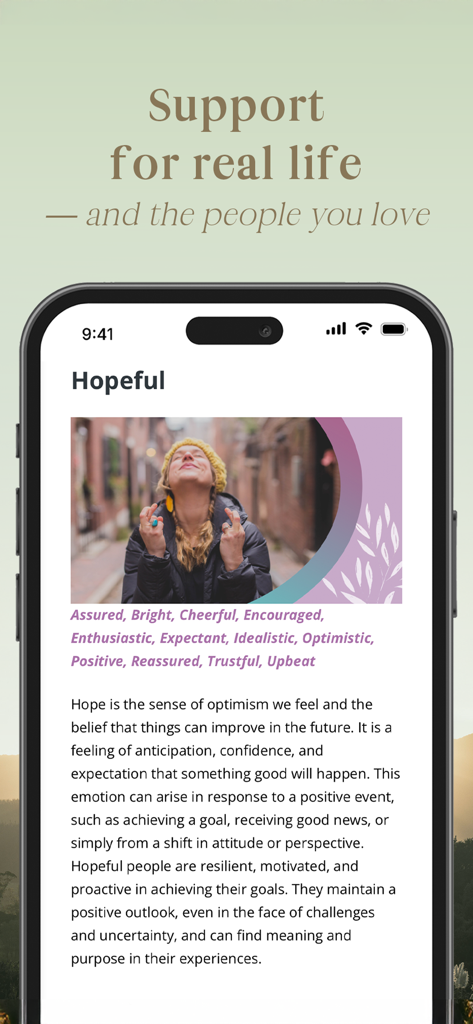 A screenshot of the Wellness Nook app displaying a masterclass article about the feeling of hope and optimism.