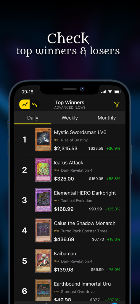 YGO Scanner - Dragon Shield - Yu-Gi-Oh card scanner app showing a list of top daily market winners with price increases