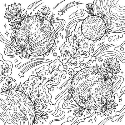 Journey into a whimsical spring cosmos with this unique coloring page featuring rogue planets blossoming with celestial flora. This intricate design invites you to bring vibrant life to a universe of renewal and wonder.