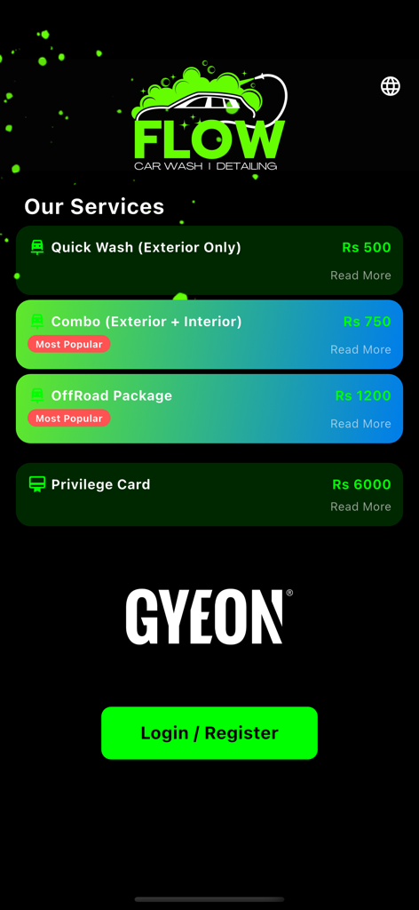 Flow Car Wash - Flow Car Wash app screen showing different car wash packages and service options with prices.