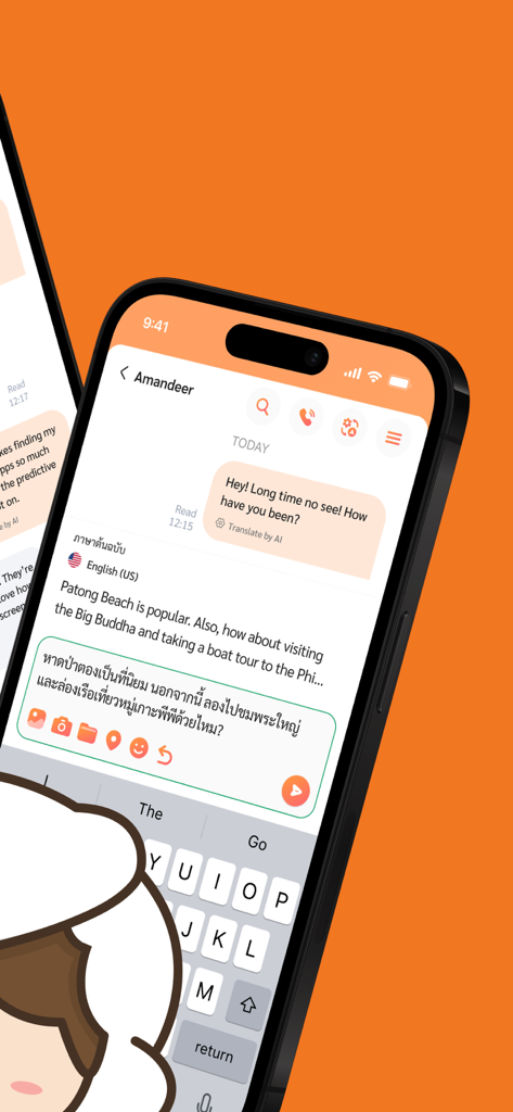 PEEP SHARE - Tela do smartphone exibindo o chat PEEP SHARE com tradução IA em tempo real entre inglês e tailandês.