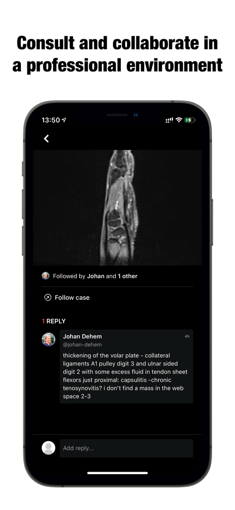 Collective Minds - Interface de l'application Collective Minds Radiology montrant une discussion de cas médical et une analyse d'images.
