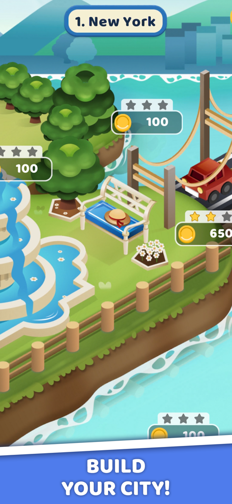 Tangled Snakes - A screen from the Tangled Snakes game showing an isometric view of a park in New York with a fountain and building options.