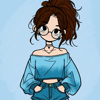 girl with a messy ponytail glasses a baggy crop top and jean shorts