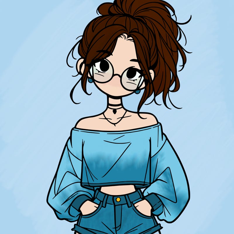 girl with a messy ponytail glasses a baggy crop top and jean shorts