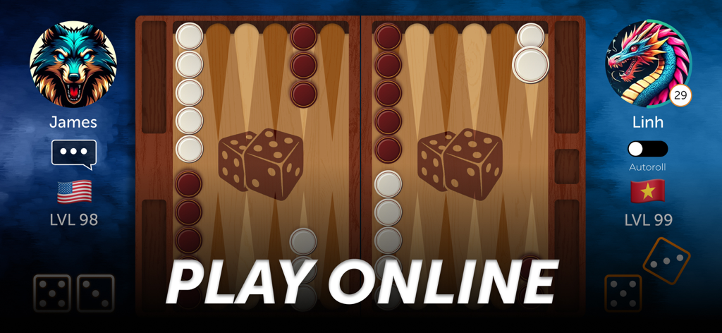 Backgammon Online: Dice Game - Online backgammon match between two players with custom avatars and national flags