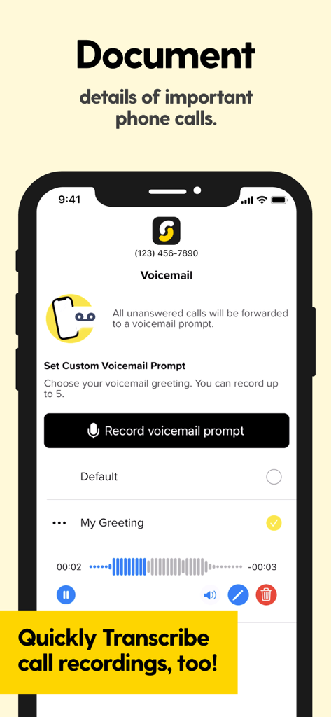 SwitchUp - Second Phone Number - SwitchUp app interface showing custom voicemail prompt recording and call transcription features on an iPhone