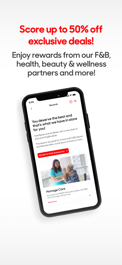 Singlife App-Oberfläche mit exklusiven Lifestyle-Belohnungen und Mitgliedervorteilen mit bis zu 50 % Rabatt