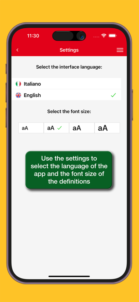 Dizionario Italiano Gabrielli - Dizionario Italiano Gabrielliアプリの設定画面。インターフェイス言語とフォントサイズの選択オプションが表示されています。