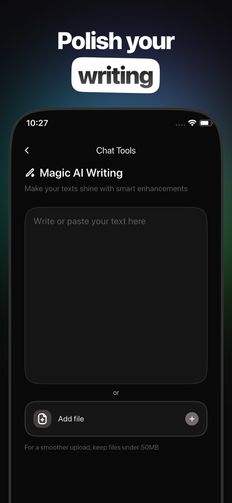텍스트 개선 및 파일 업로드를 위한 Savvi 앱 Magic AI Writing 도구를 표시하는 스마트폰 화면.