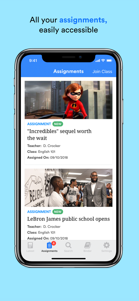 Newsela Student - Interfaz de la aplicación Newsela Estudiante que muestra una lista de artículos de lectura asignados para estudiantes