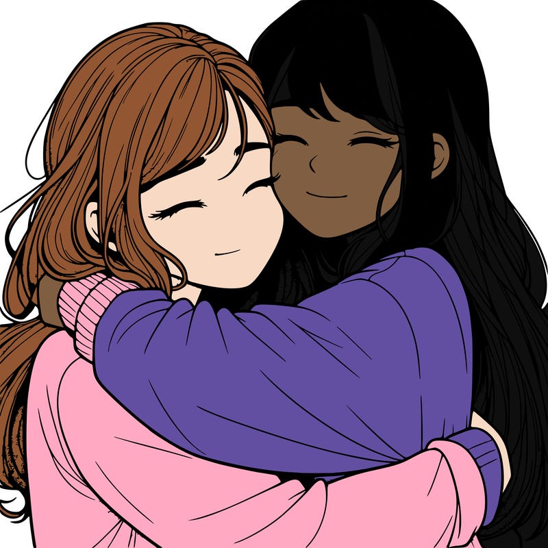 realistic two girls hugging