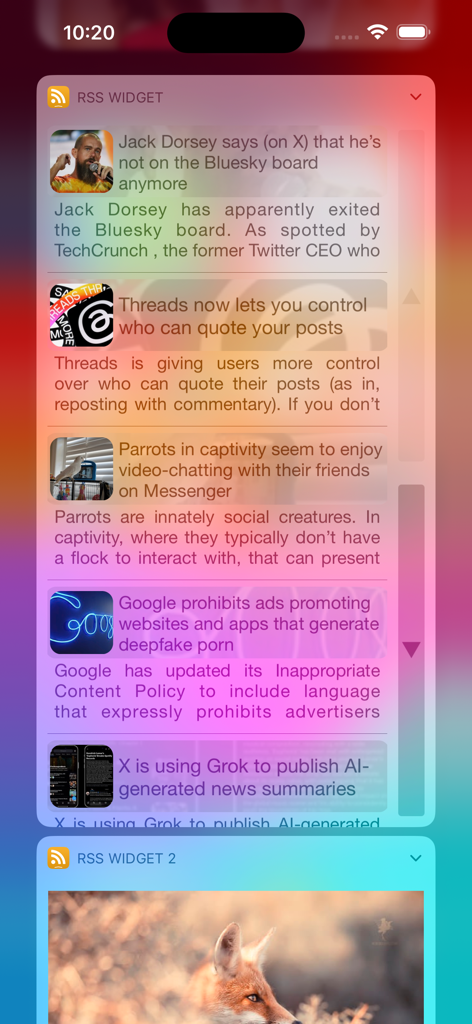 RSS Widget - Widgets RSS personalizados en la Vista Hoy de un iPhone que muestran titulares de noticias tecnológicas y un gran feed de imágenes