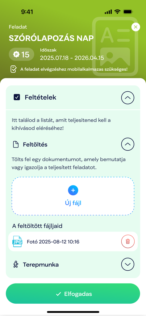 TISZA Világ - TISZA Világ mobile app screen showing a leafleting challenge with point rewards and a section to upload proof of task completion