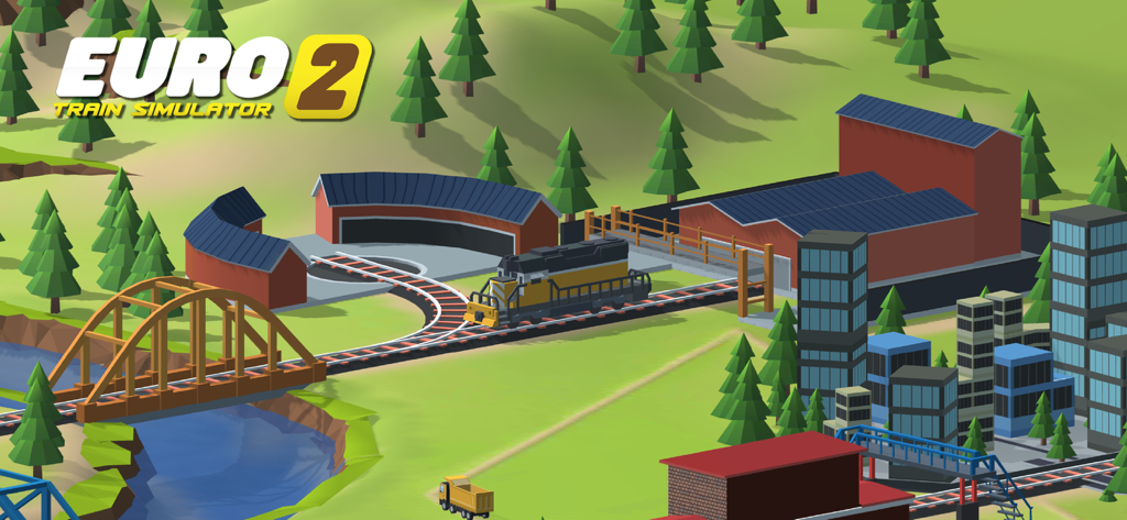 Euro Train Sim 2 - Isometric low poly landscape of a train depot city and bridge in Euro Train Sim 2