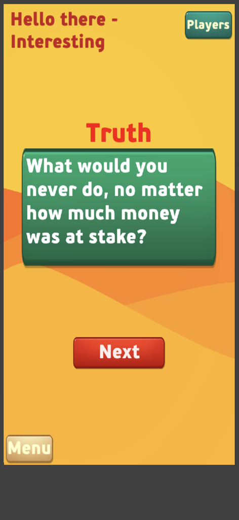 TOD Truth or Dare - Truth question screen in the TOD Truth or Dare party game app