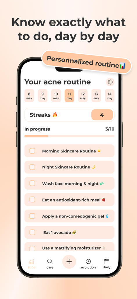 AcneTrack – Your Acne Journey - Interfaccia dell'app mobile AcneTrack che mostra una checklist personalizzata della routine quotidiana che include passaggi per la cura della pelle e monitoraggio della nutrizione.