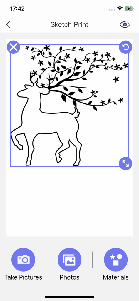 A black and white line drawing of a deer with floral antlers on the WalkPrint sketch print screen