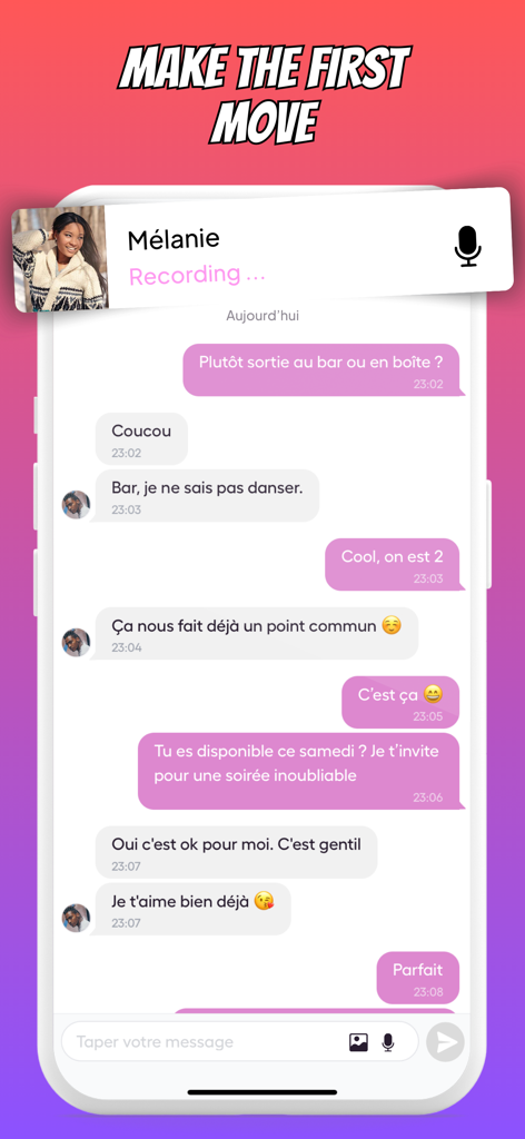 Heyama - African dating - A mobile screen showing a chat conversation between two users on the Heyama African dating app with the headline Make the first move