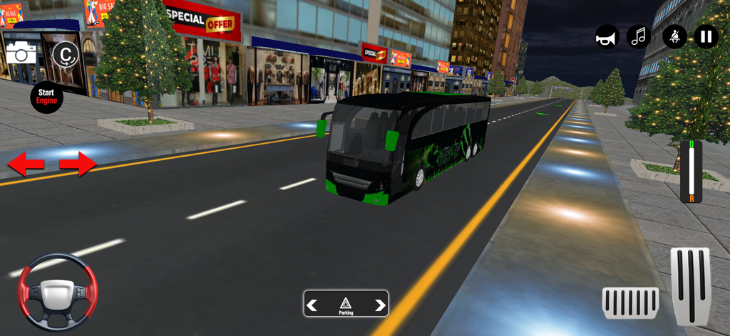 Coach Bus Simulation Games 3D - A black and green coach bus driving through a city street at night in a 3D simulation game