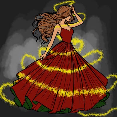 realistic woman with dress flowing in the wind