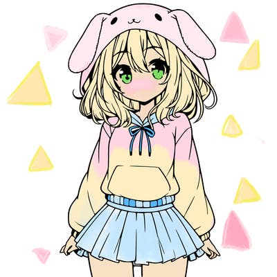 pretty anime girl wearing a fluffy hoodie with bunny ears on the hood and a skirt