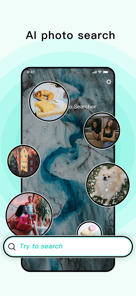 Photo Search AI 앱의 인터페이스로 검색창과 원형 사진 미리보기가 표시됩니다.