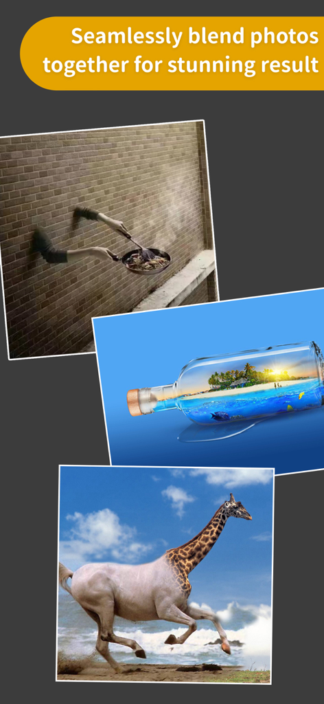 Examples of creative photo blending showing a giraffe horse hybrid and a tropical island inside a glass bottle.