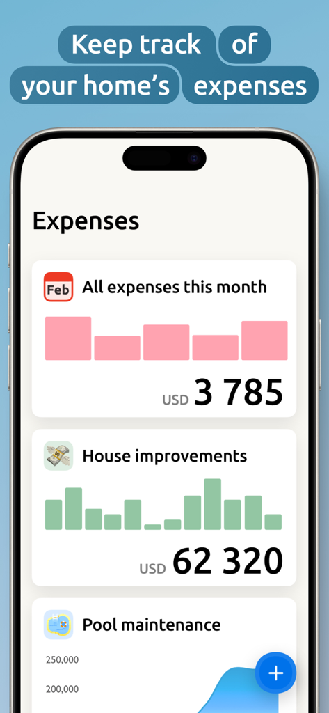 Homer: The Home Management App - Schermata dell'app Homer che visualizza un tracker delle spese domestiche con grafici per la spesa mensile e i miglioramenti della casa.