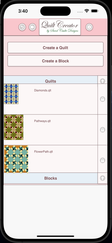 Quilt Pattern Creator - Main menu screen of the Quilt Pattern Creator app showing buttons to create a quilt or block and a list of saved quilt designs.
