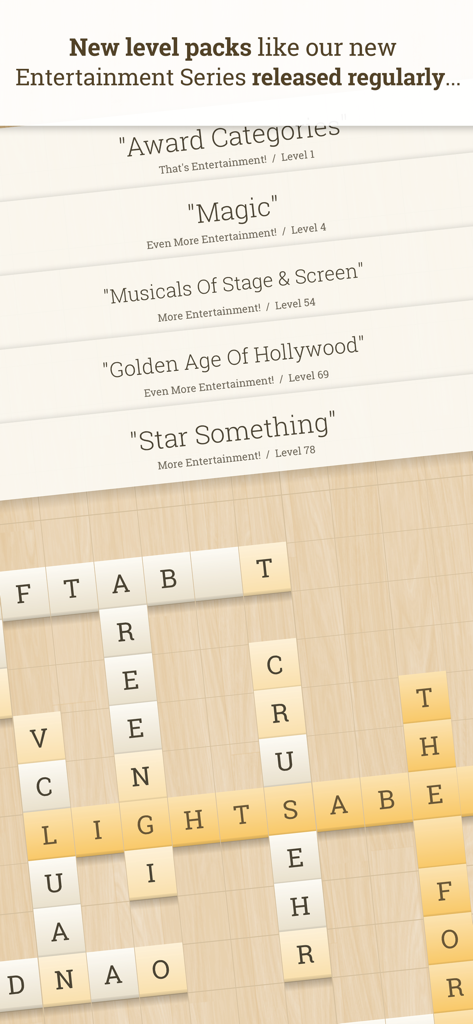 Alpha Omega - Alpha Omega Wortspieloberfläche, die Unterhaltungs-Themen-Levelpakete und ein minimalistisches Kreuzworträtselgitter zeigt.