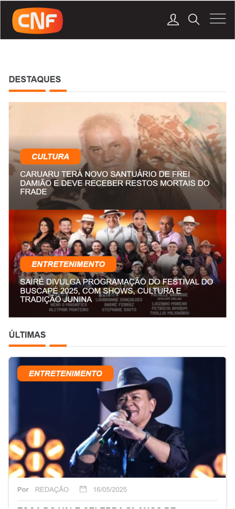 CNF - Exibição do aplicativo de notícias CNF com destaques e últimas notícias de cultura de Pernambuco