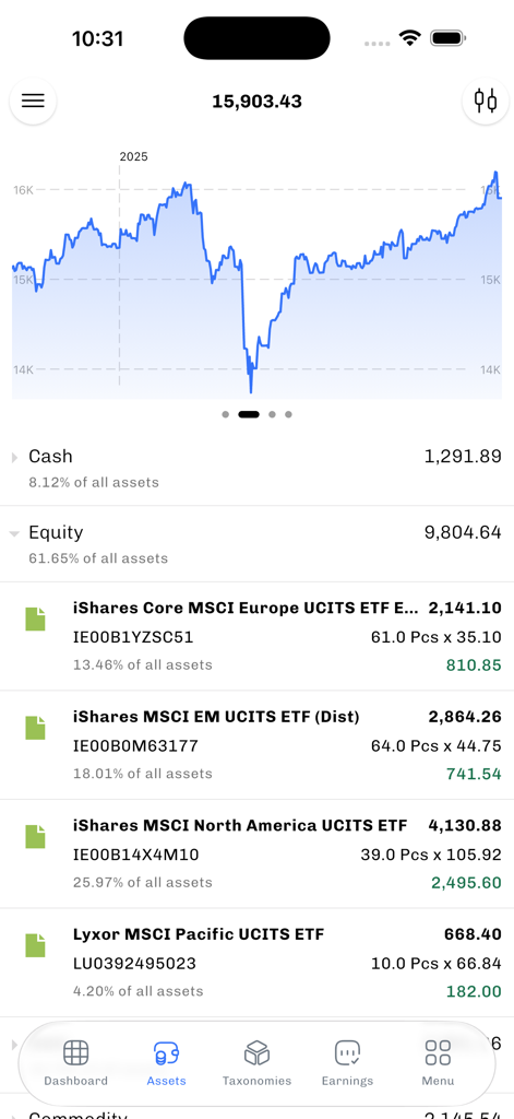 Portfolio Performance app displaying an investment growth chart and a detailed list of ETF assets