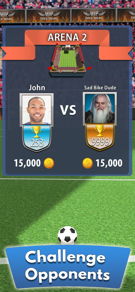 Soccer Clash· - Pantalla de enfrentamiento de Arena 2 de Soccer Clash mostrando a dos jugadores compitiendo con sus recuentos de trofeos.