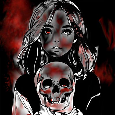 realistic girl holding a skull