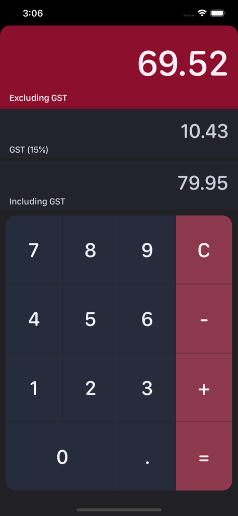 Interfaz de la aplicación Calculadora de IVA de NZ que muestra montos de impuestos exclusivos e inclusivos en modo oscuro.