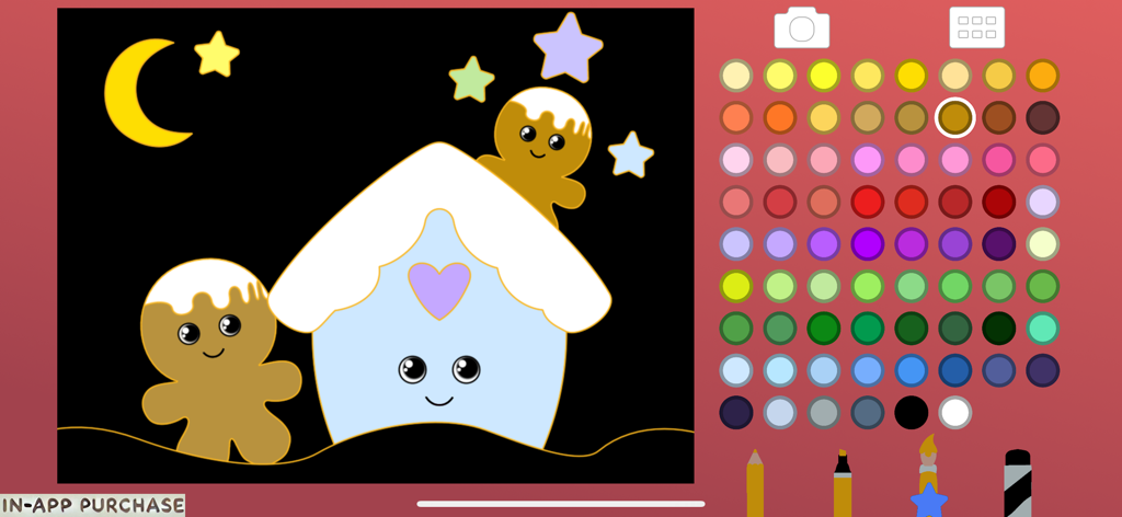 Coloring for Kids and Toddler - Interface of a coloring app for kids featuring a gingerbread house and gingerbread man with a colorful palette