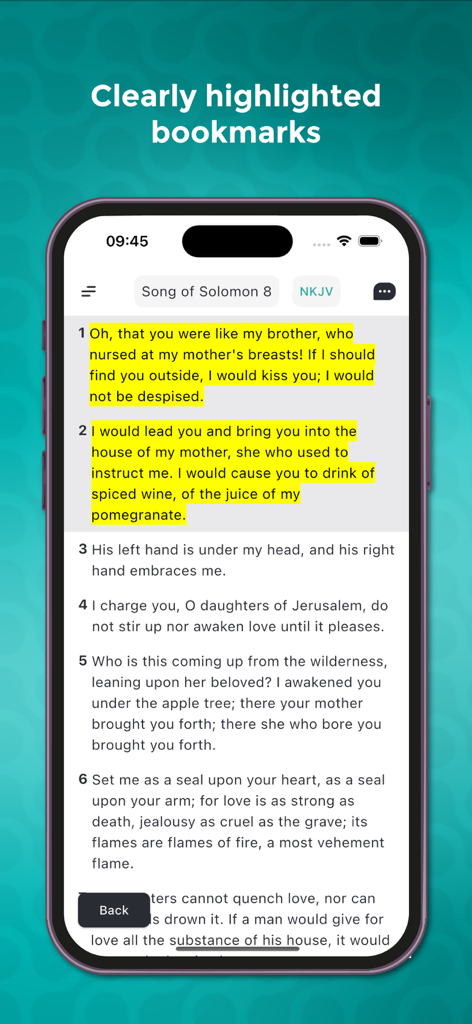 BiblicalAi - Bible App with Ai - Mobile screen displaying highlighted Bible verses and bookmarks in the BiblicalAi app