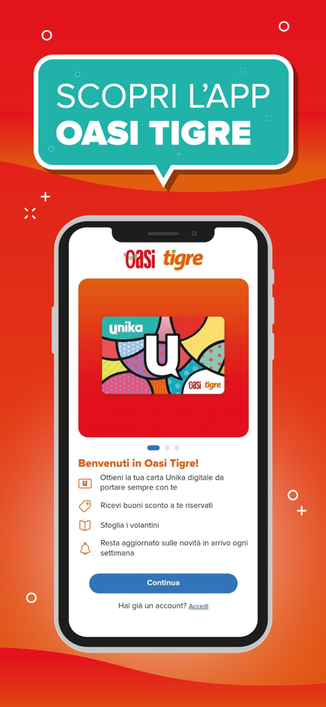 Oasi Tigre mobile app welcome screen featuring the Unika digital loyalty card and a list of shopping benefits