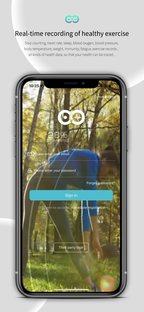 WearFit 2.0 app login screen with fields for email and password over a fitness background of a person exercising in a park.