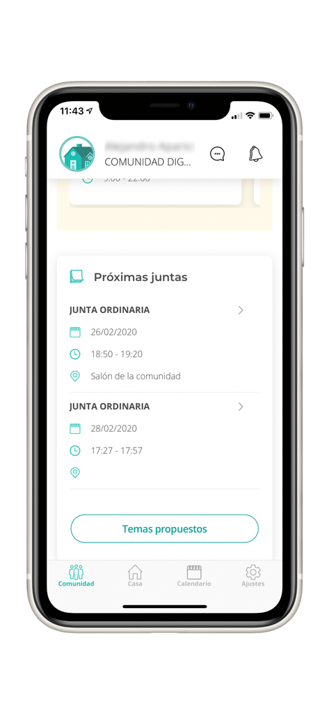 TucomunidApp - 예정된 커뮤니티 회의 및 HOA 안건 항목을 보여주는 TucomunidApp의 모바일 앱 인터페이스
