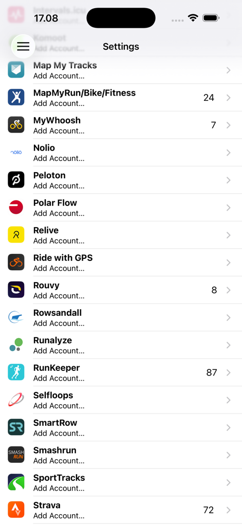 RunGap - Workout Data Manager - Das Einstellungsmenü von RunGap zeigt eine Liste unterstützter Fitnessplattformen für die Daten-Synchronisation an.