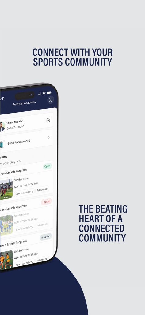 Mobile interface of the O West Sports Club app displaying football academy programs and community connection features