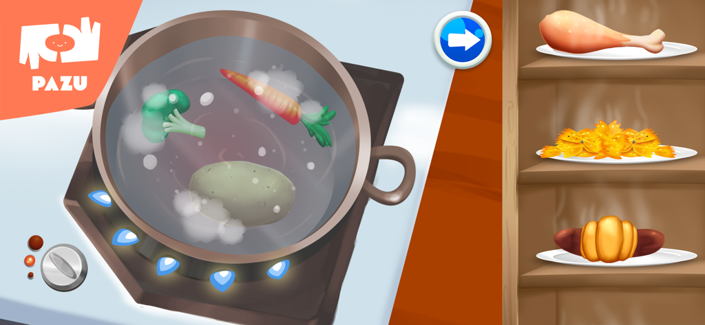 Paw Kitchen Kids Cooking Games - A digital kitchen scene with vegetables boiling in a pot and food on shelves in a kids game