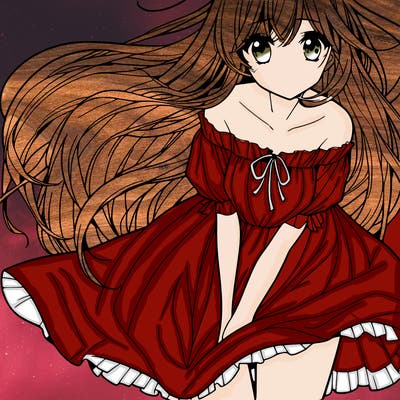 manga girl with long flowing hair and a dress that is pushed down