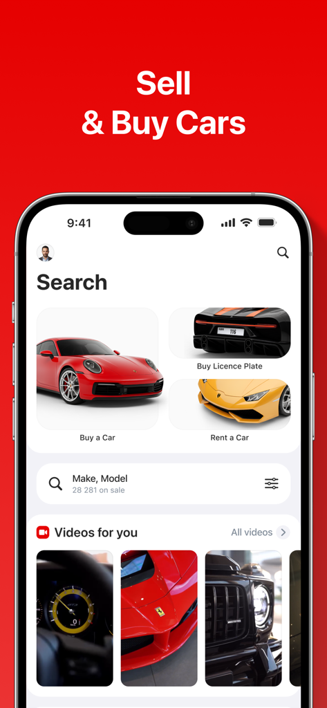 AUTO.AE: Buy & Sell Cars - Home screen of the AUTO.AE app for buying selling and renting cars with a search bar and featured categories