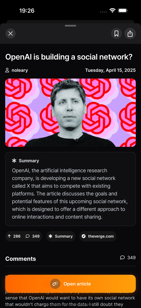 Hazumi for Hacker News - Pantalla de la aplicación Hazumi que muestra un resumen impulsado por IA de un artículo de noticias tecnológicas.