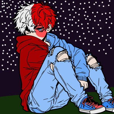 a male hoddie ripped jeans messy hair anime