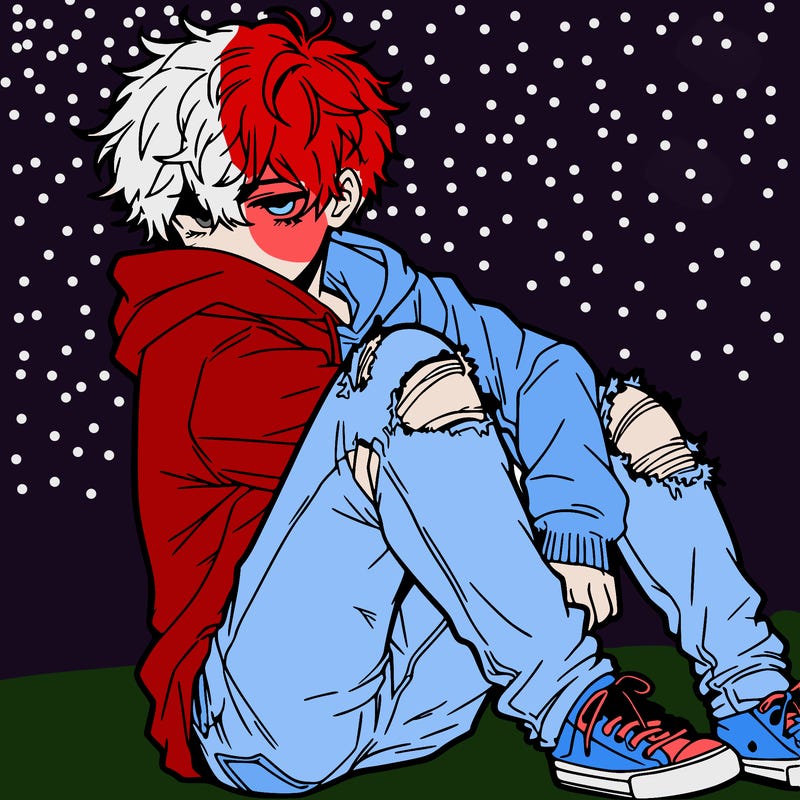 a male hoddie ripped jeans messy hair anime
