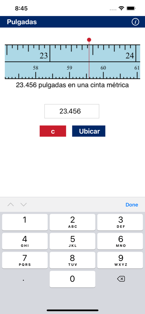 Cinta métrica - Interface of the Cinta metrica app showing a precise measurement of 23.456 inches on a visual tape measure scale